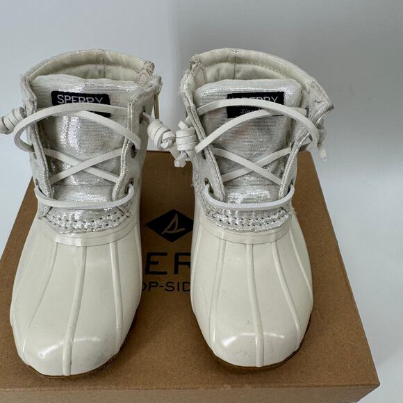 Sperry Saltwater Duck Boots Ivory Girls Size 7M Metallic Silver Lace Up Zip - Picture 2 of 9